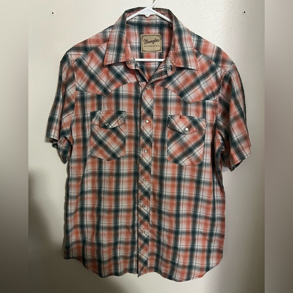 WRANGLER Vintage Pearl Snap Short Sleeve Plaid Button Down Orange Green Men's L - Picture 1 of 6